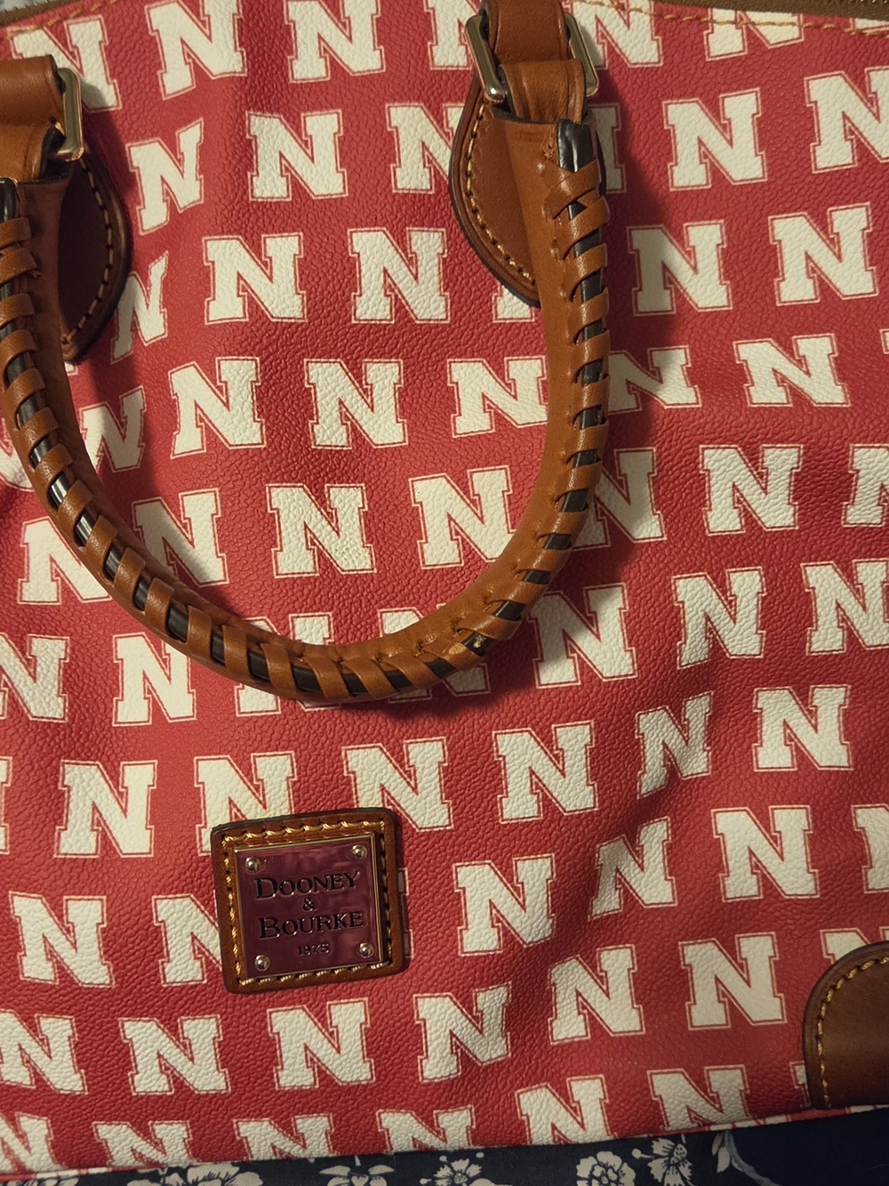 Dooney & Bourke Red Nebraska Logo Print Tote with Tan Leather Handles